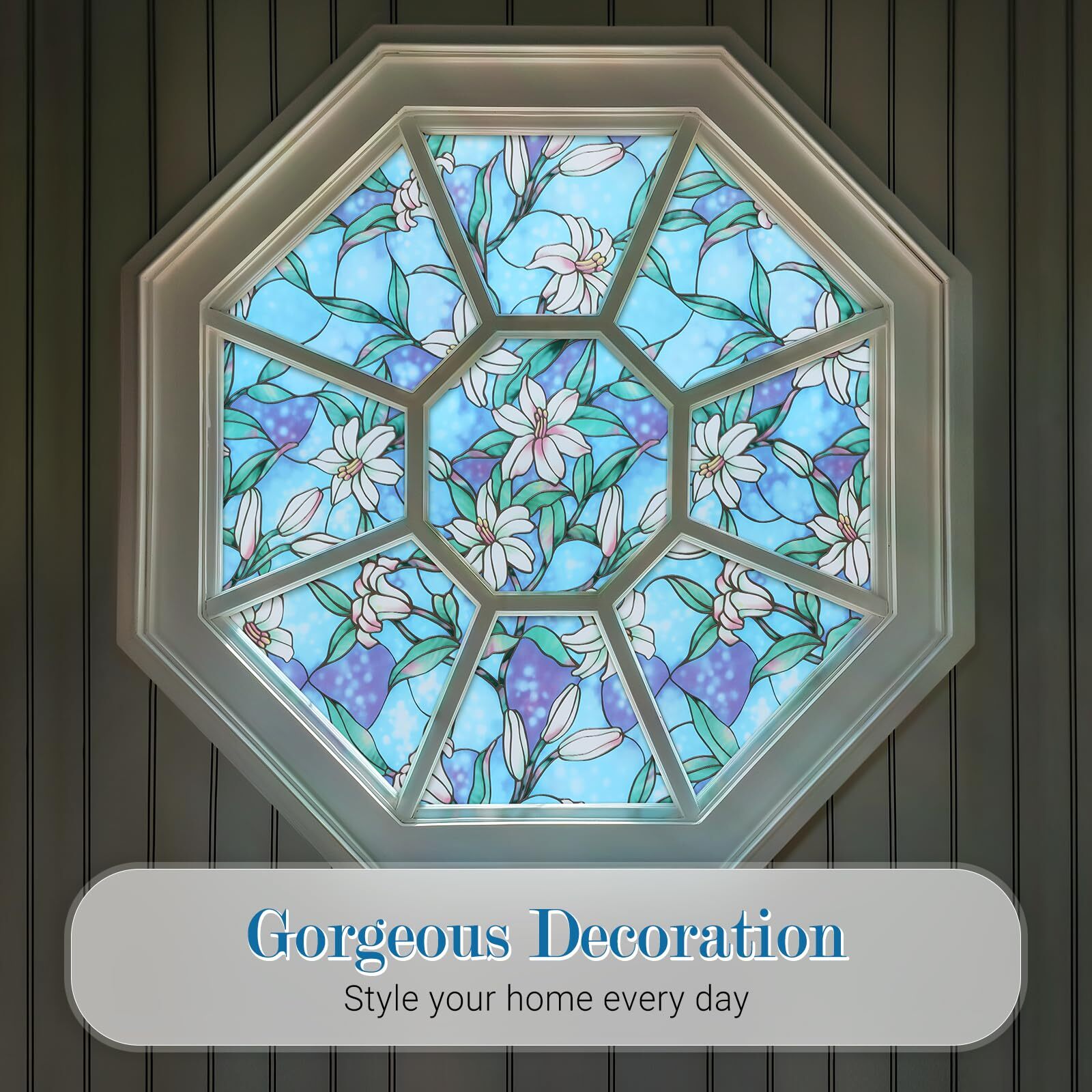 rabbitgoo Stained Glass Window Film Static Cling Blue Lily Decorative Film Door