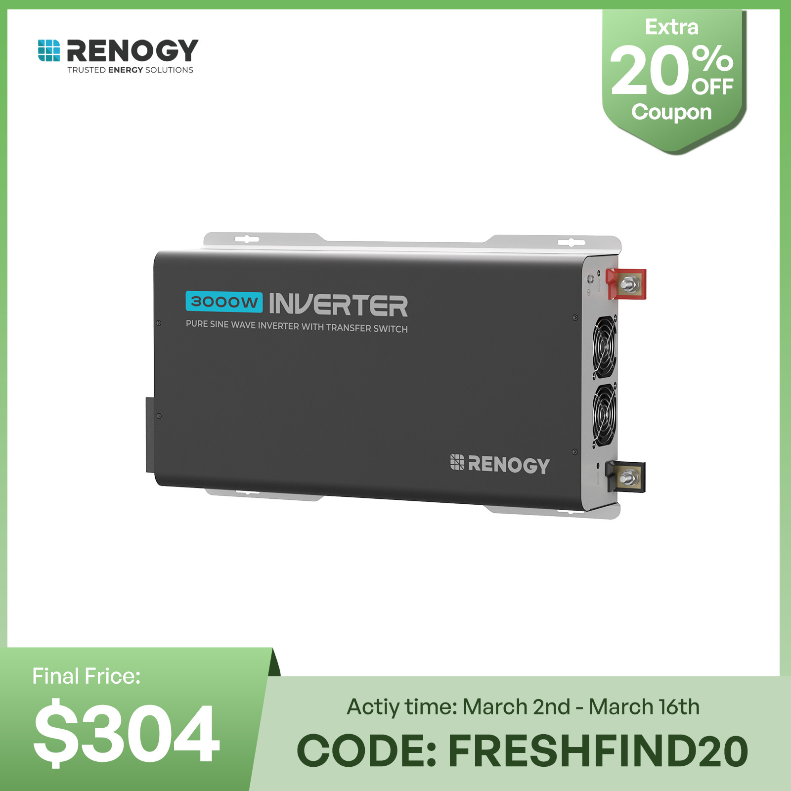 Renogy 12V 3000W Pure Sine Wave Inverter UPS Transfer Switch Built-in Bluetooth