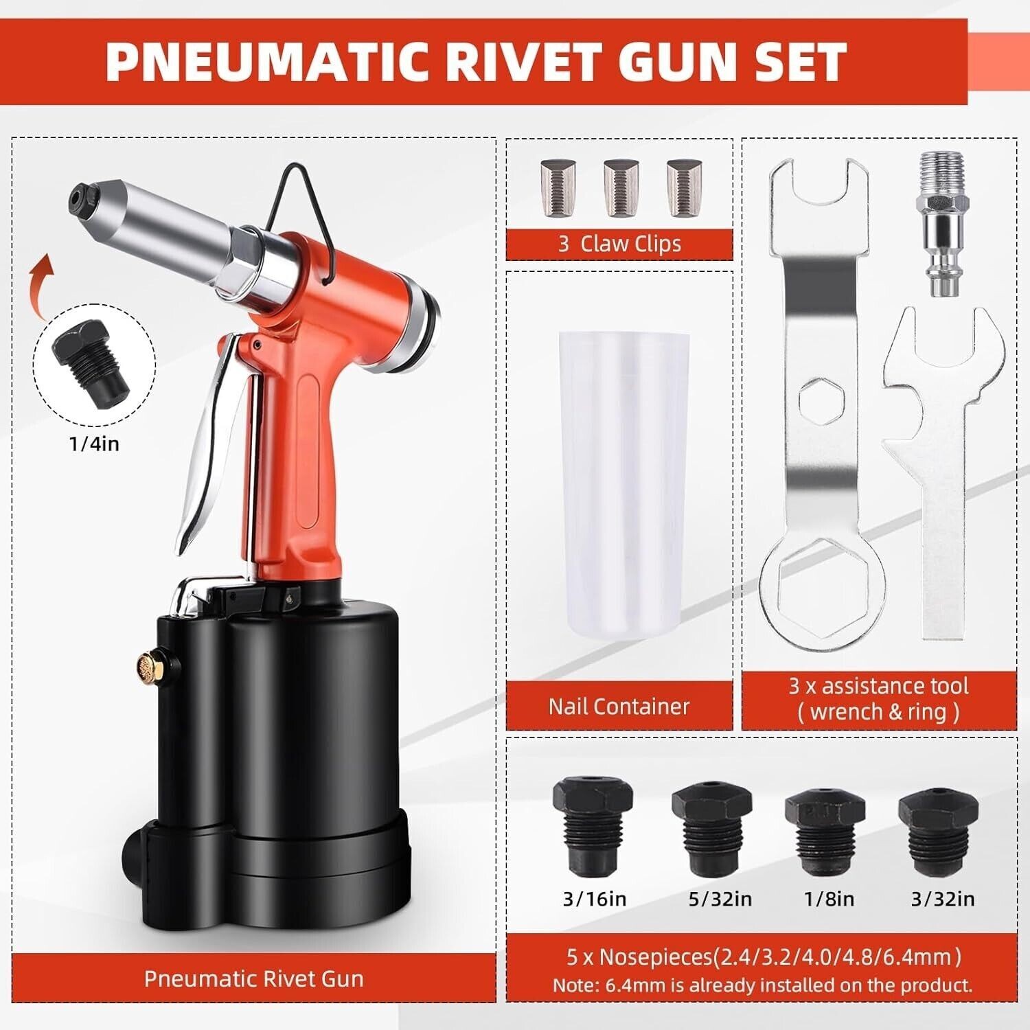 Air Pneumatic Pop Rivet Gun Hydraulic Rivet w/ 1/8" 5/32" 3/16" 1/4" Nose Pieces