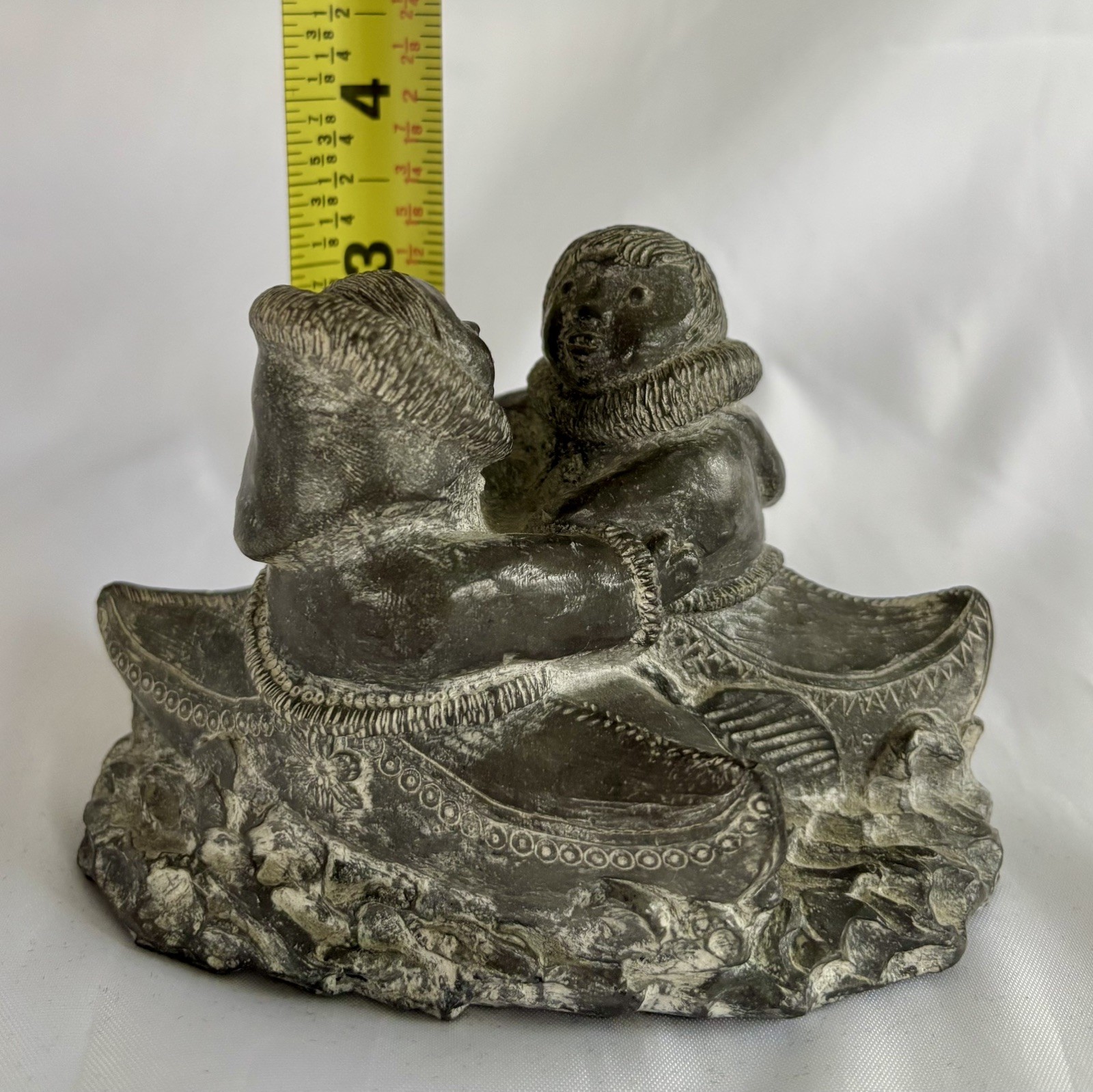 A Wolf Original Soap Stone Sculpture Inuit Man and Woman Canoes 5” Figurine