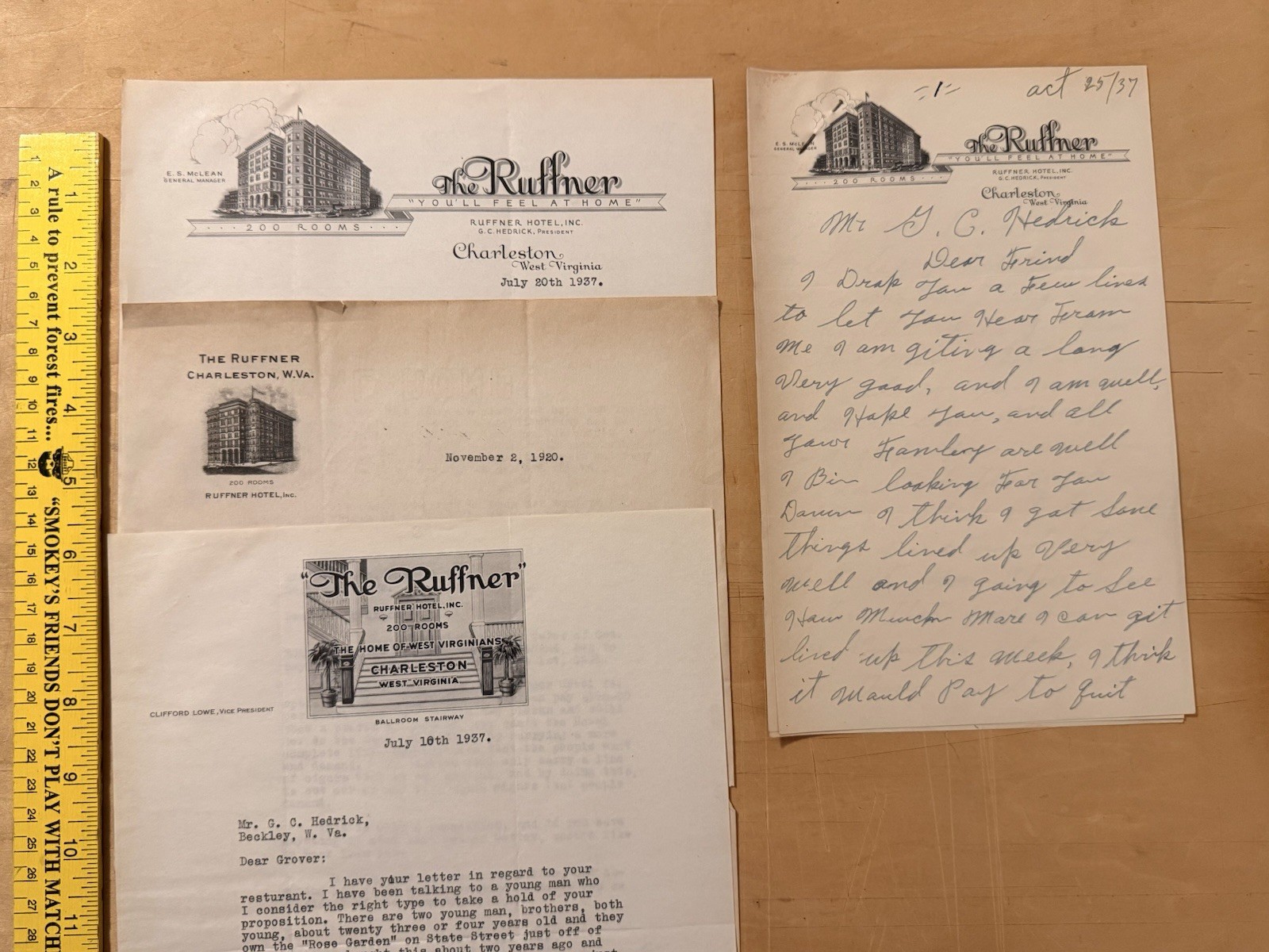 Ruffner Hotel Charleston WV 1920s-1930s Correspondence Handwritten Typed