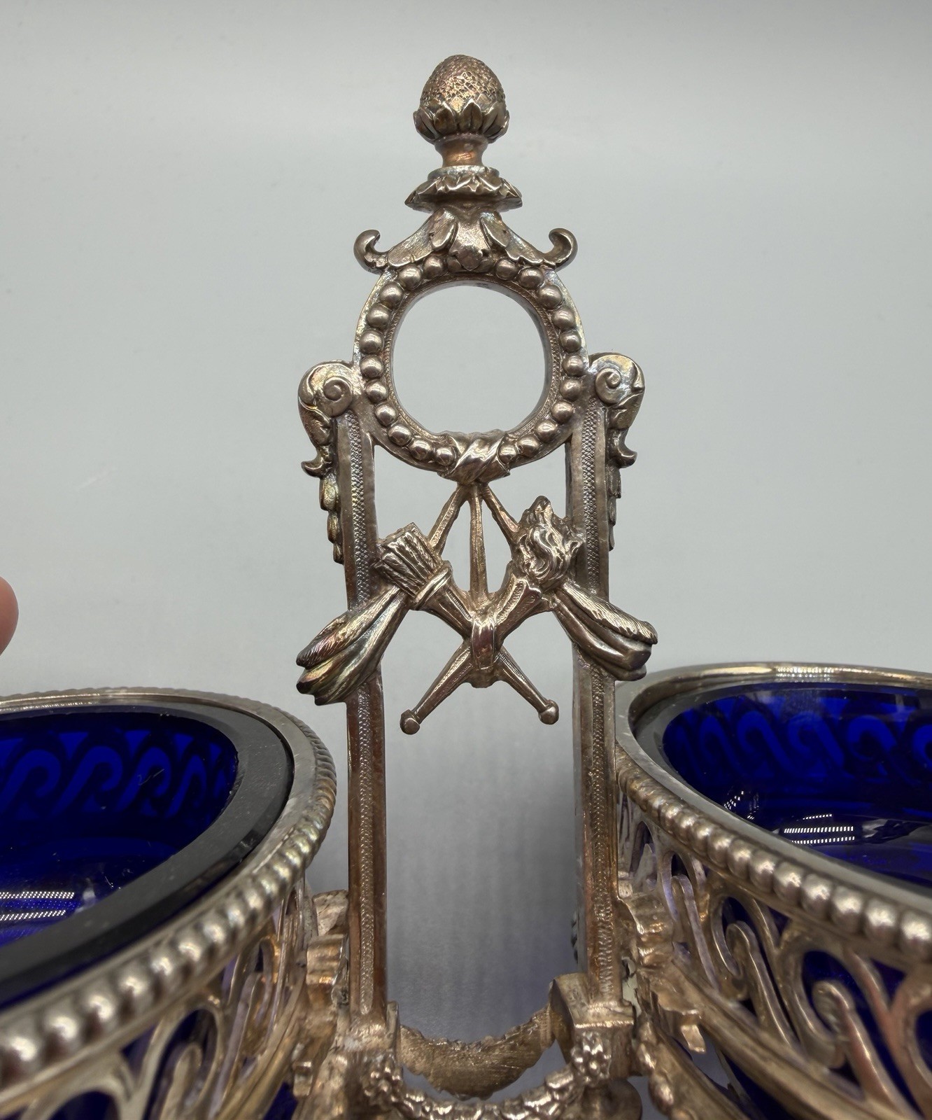 Belgian .900 Silver Double Salt Cellar with Cobalt Glass Liners, 334 grams