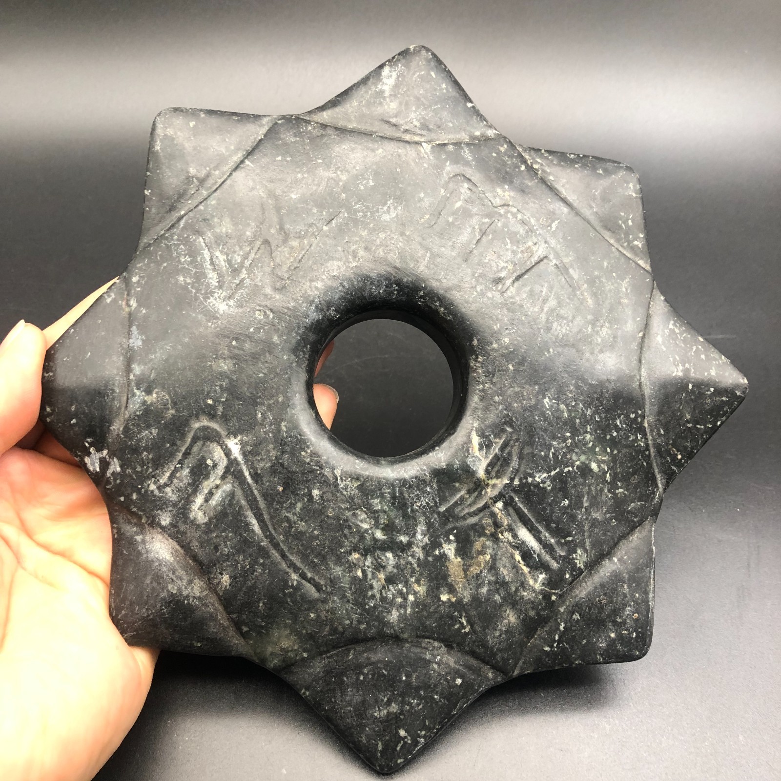 Old HongShan Culture Meteorite Jade Hand-Carved Fengshui Octagon Star Statue
