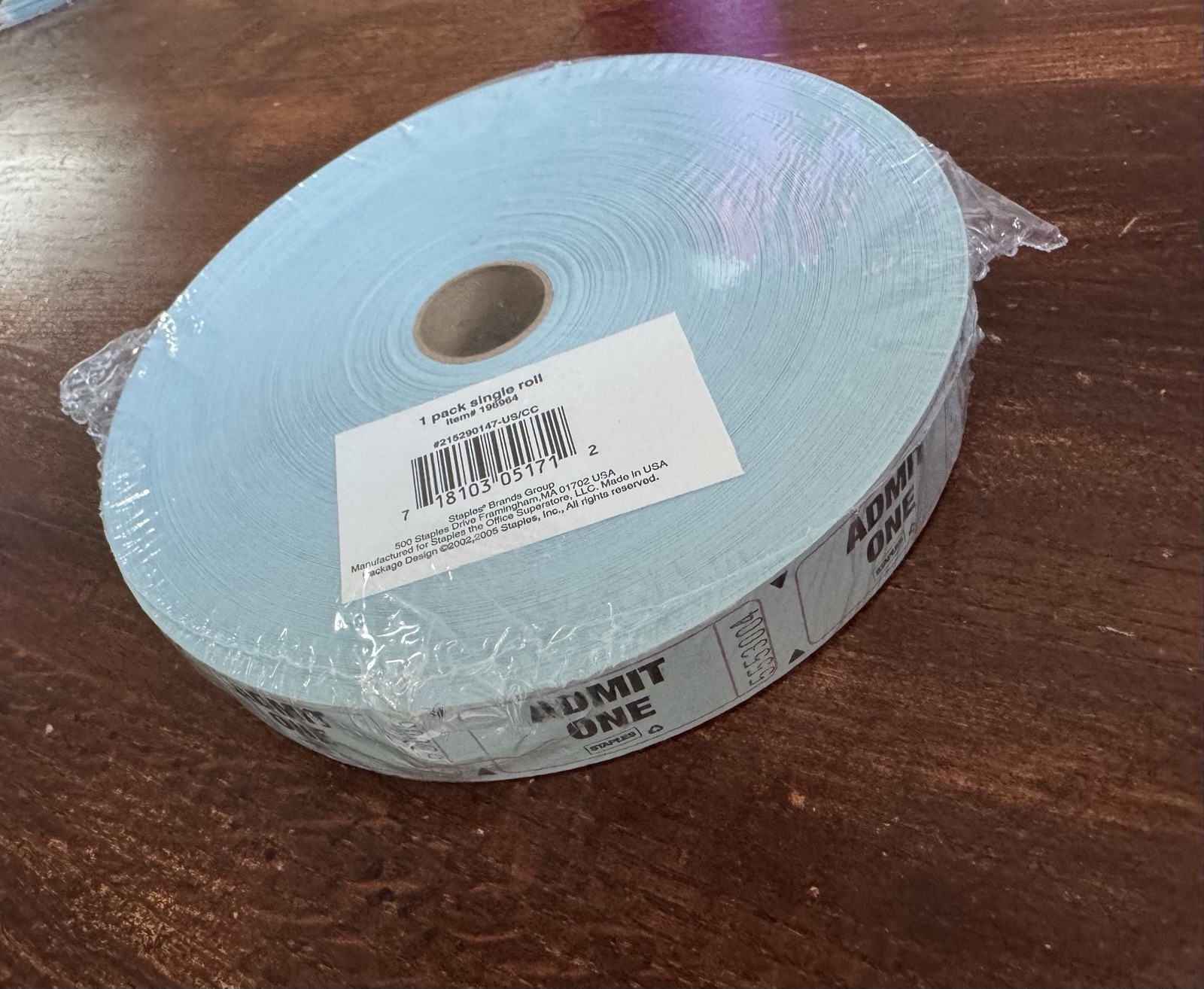 Admit One Single-Ticket Roll, Blue, Consecutively Numbered, 2000 Count Made USA