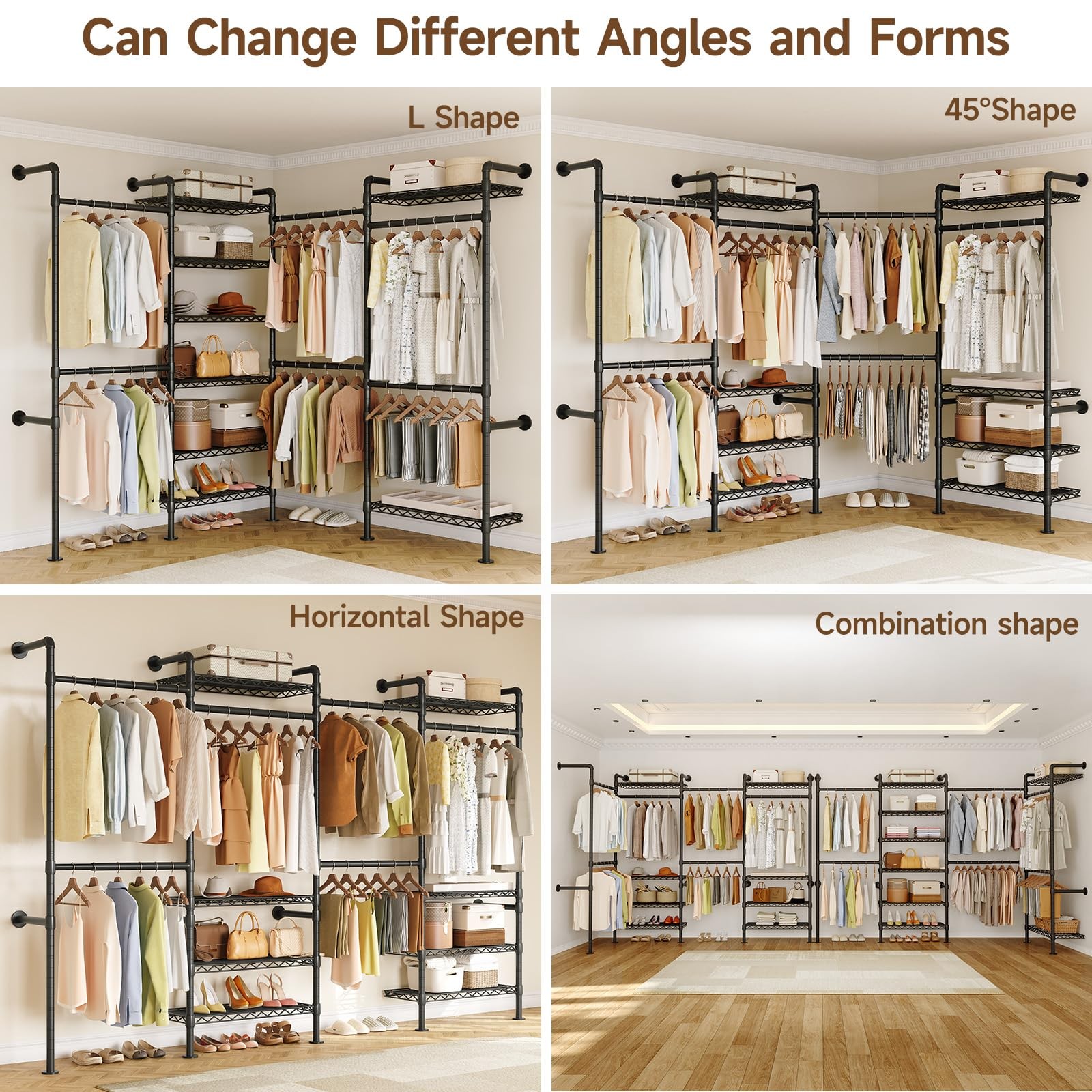 L4 Wall Mounted Industrial Pipe Clothing Rack, Closet Organizer System