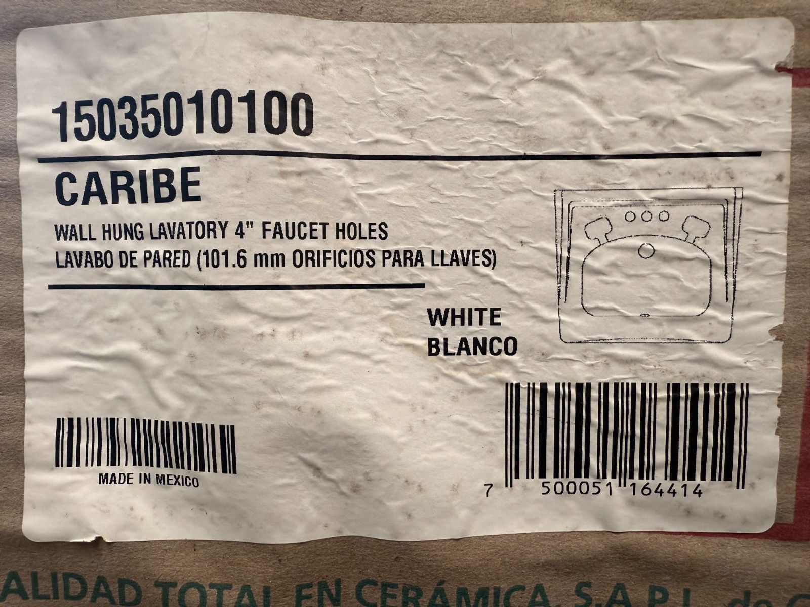 Cato White Caribe Jazmin 4" Faucet Centers Wall Mount Lavatory Sink 15035010100