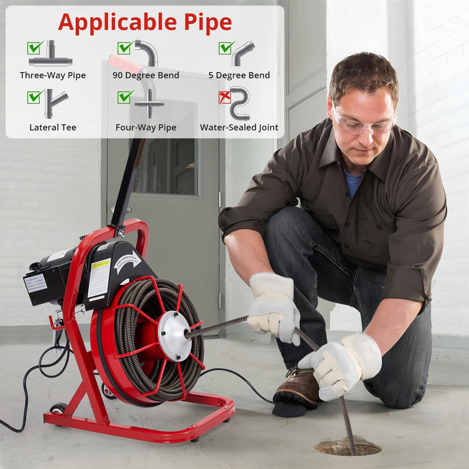 75FT x 3/8 Inch Electric Drain Cleaner Machine K300K Sewer Auger for 1"-4" Pipes