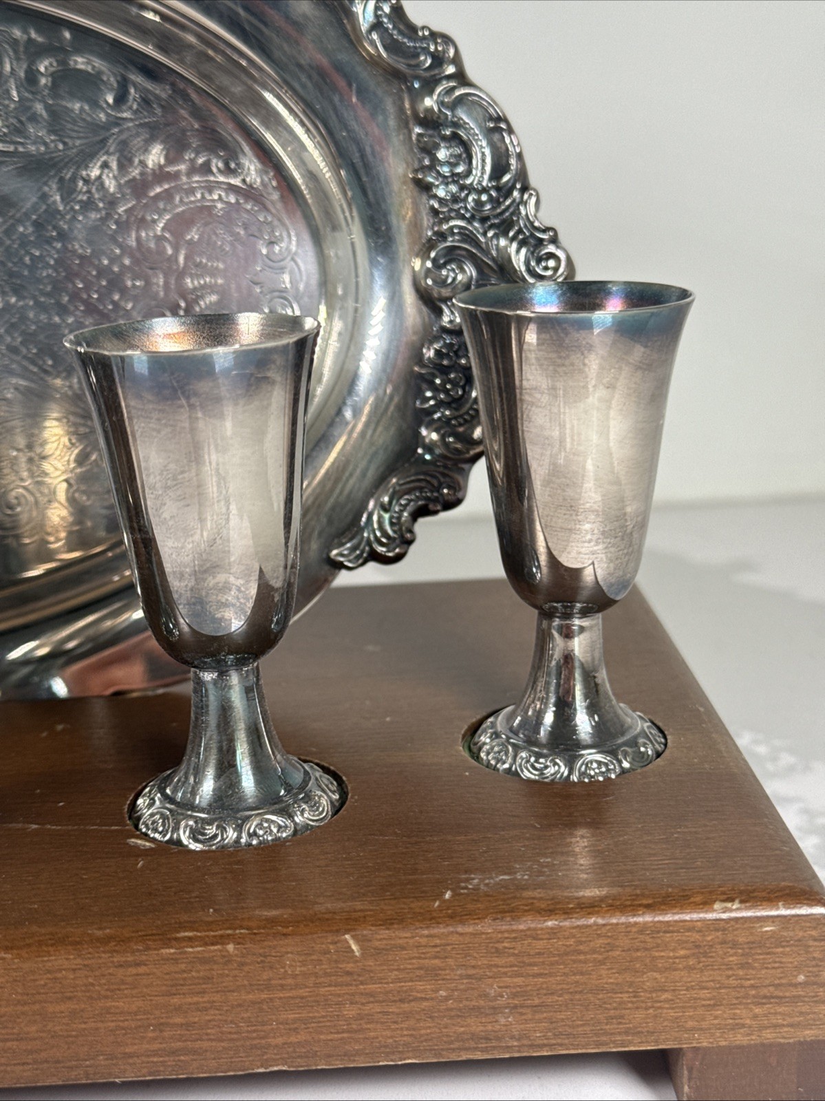 6 Wallace Cordials Shot Cups W/Wallace Baroque Silverplated Tray*