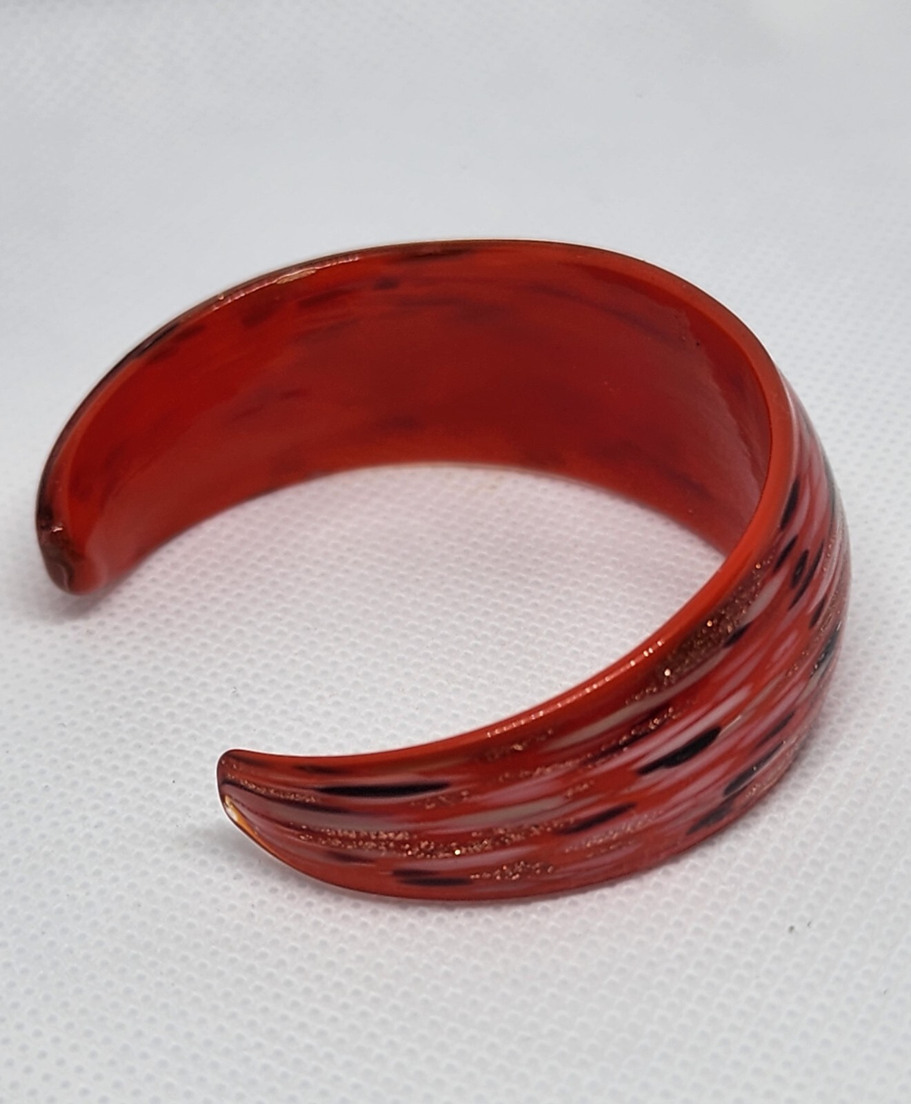 Red Black Beige Glass Cuff Bracelet with Gold Glitter Pre-Owned