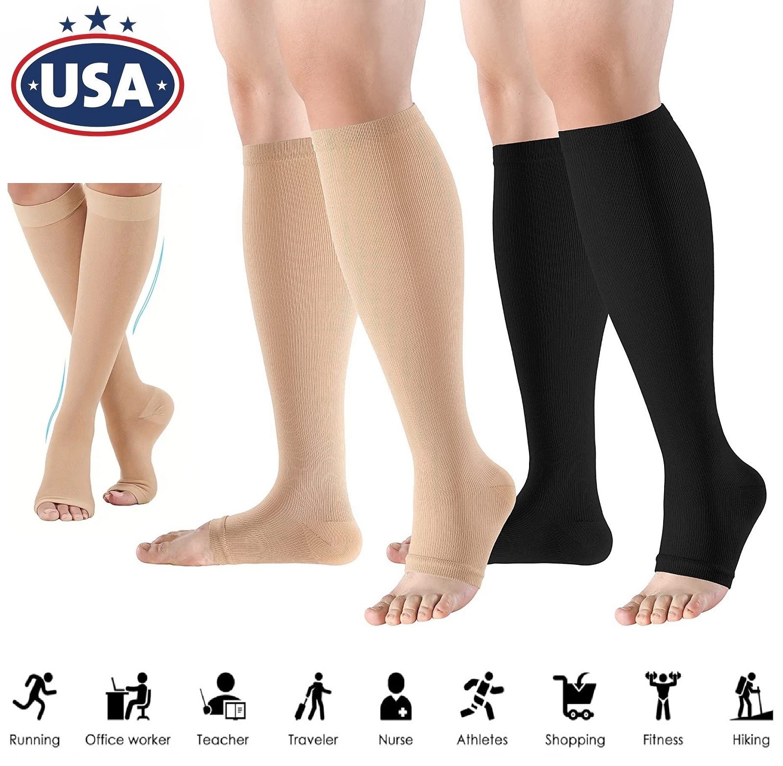 Breathable Fabric Medical Compression Socks Open Toe Stockings for Women Men USA