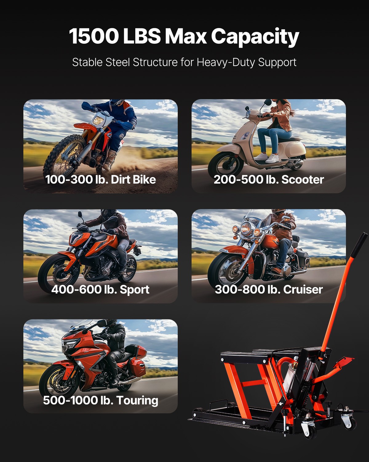 VEVOR 1500lbs Hydraulic & Pneumatic Motorcycle Jack Lift Hoist Stand Bike