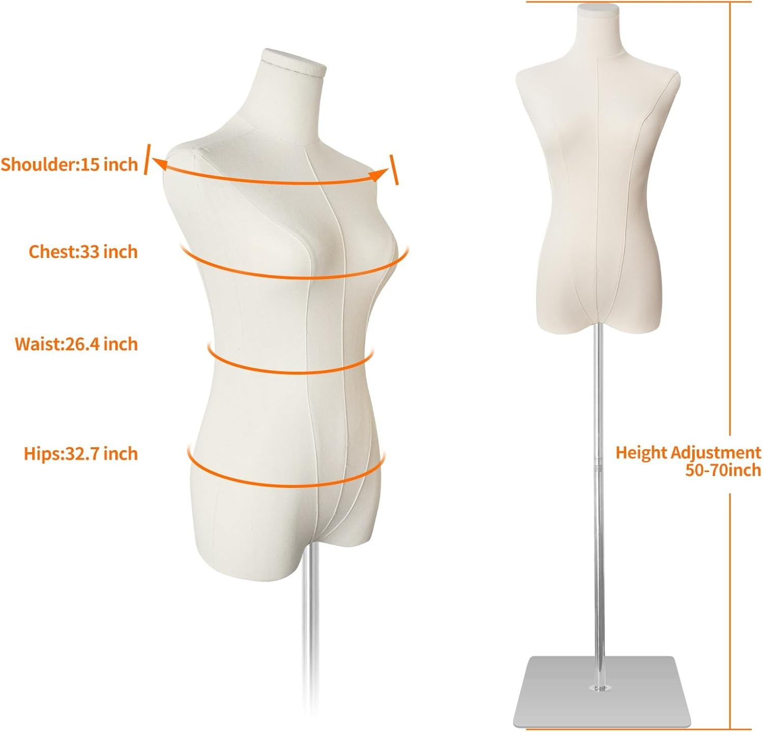 Female Mannequin Torso, Adjustable Dress Form 50"-70" with Metal Base
