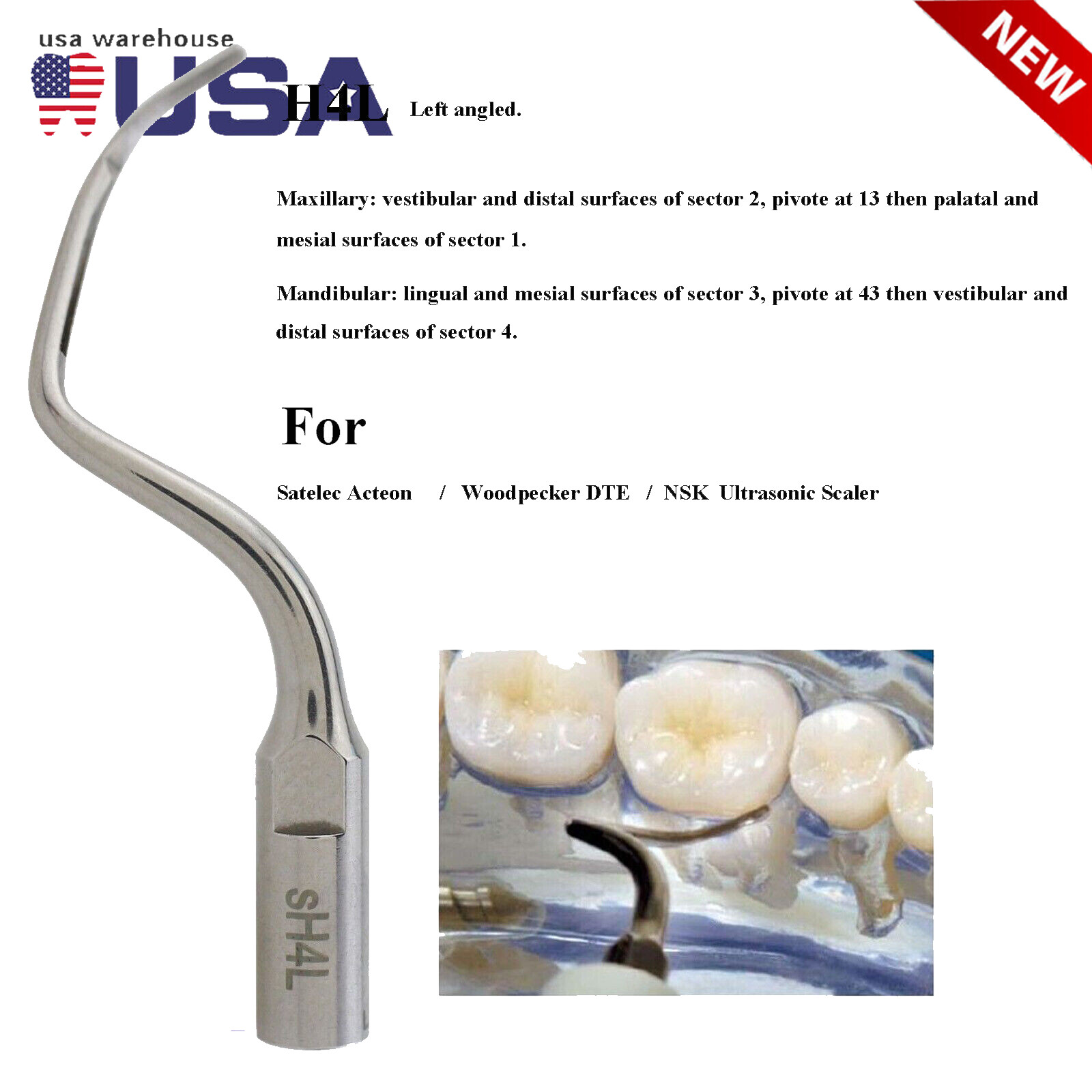 Dental Ultrasonic Piezo Periodontal Scaler Tips H4L Fit Satelec Acteon DTE NSK
