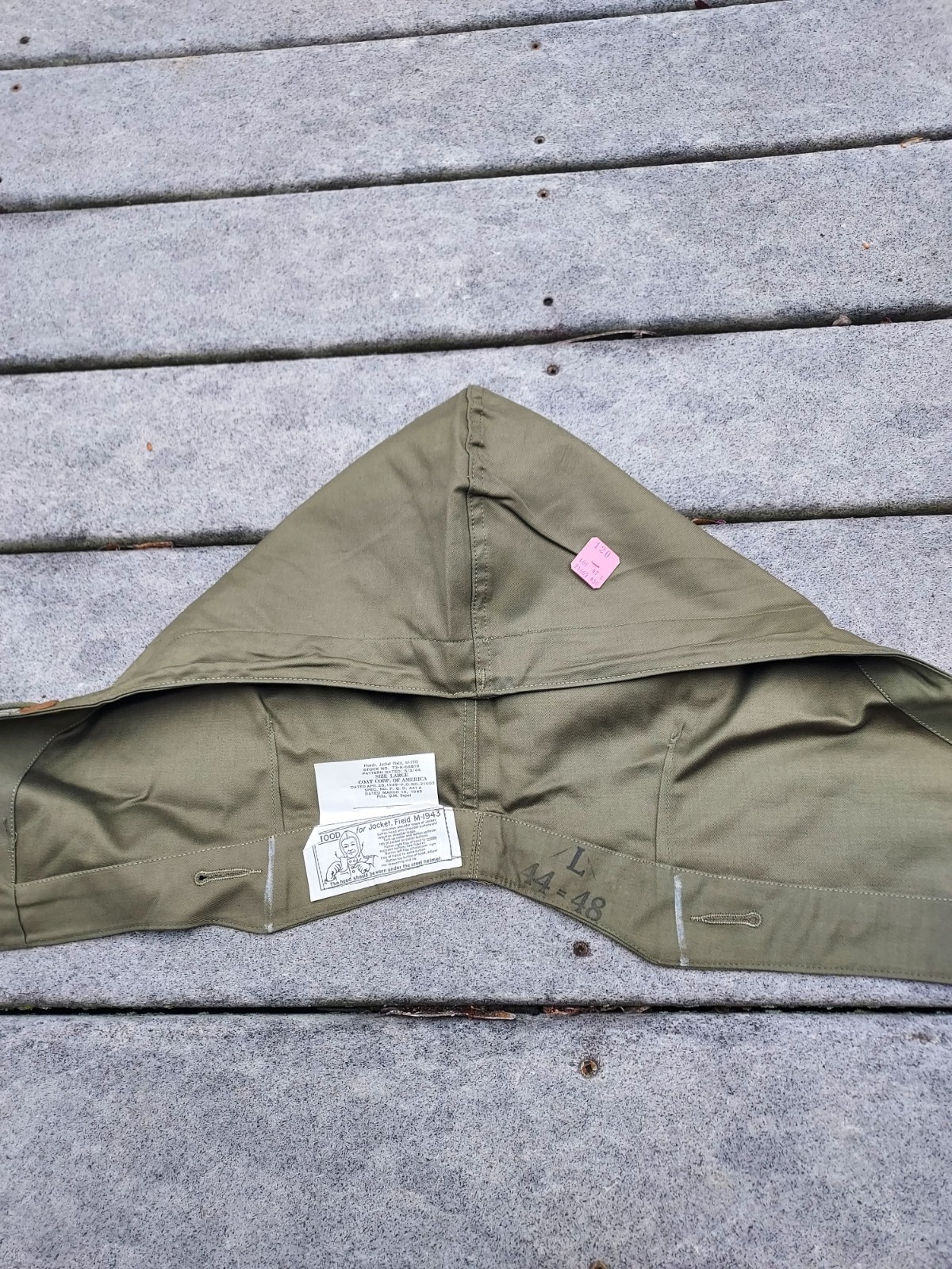 WWII WW2 US Army M1943 OD Field Jacket Hood M-1943 Hood Size Large Cutter Tag