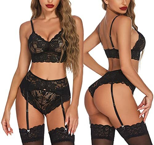 Women's Sexy Lingerie Set with Garter Belt Black Lace Bralette G-String Sets