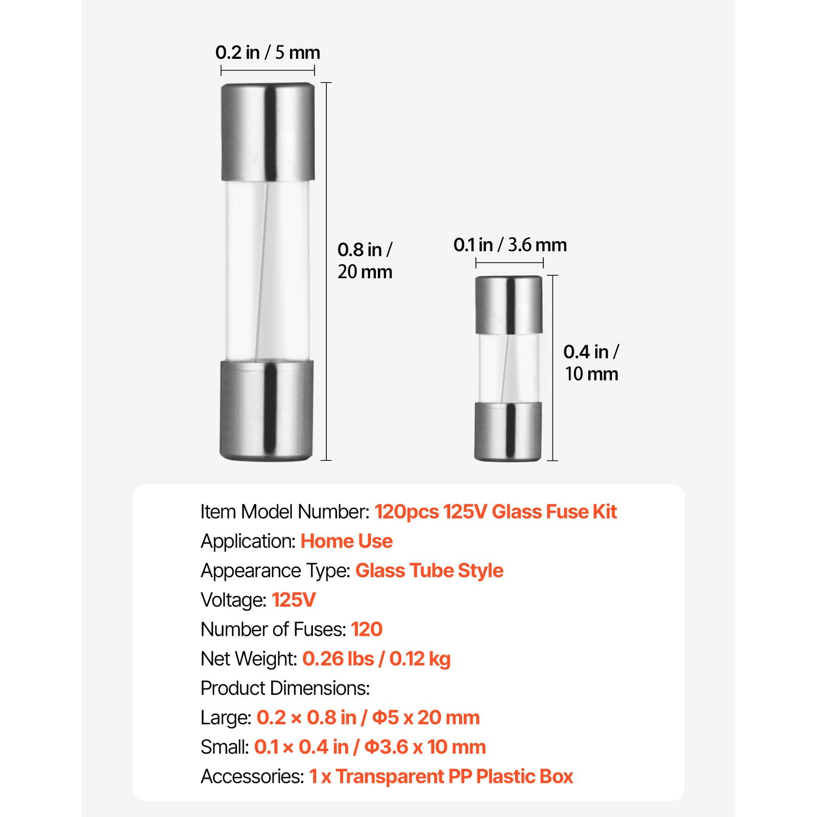 120 Pcs Fast-Blow Glass Fuses Assortment Kit 125V 5 x 20 mm & 3.6 x 10 mm