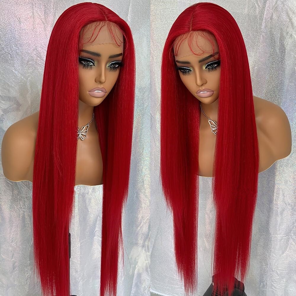 Women Red Hair Lace Front Wigs Synthetic Long Straight Wig Heat Resistant Party