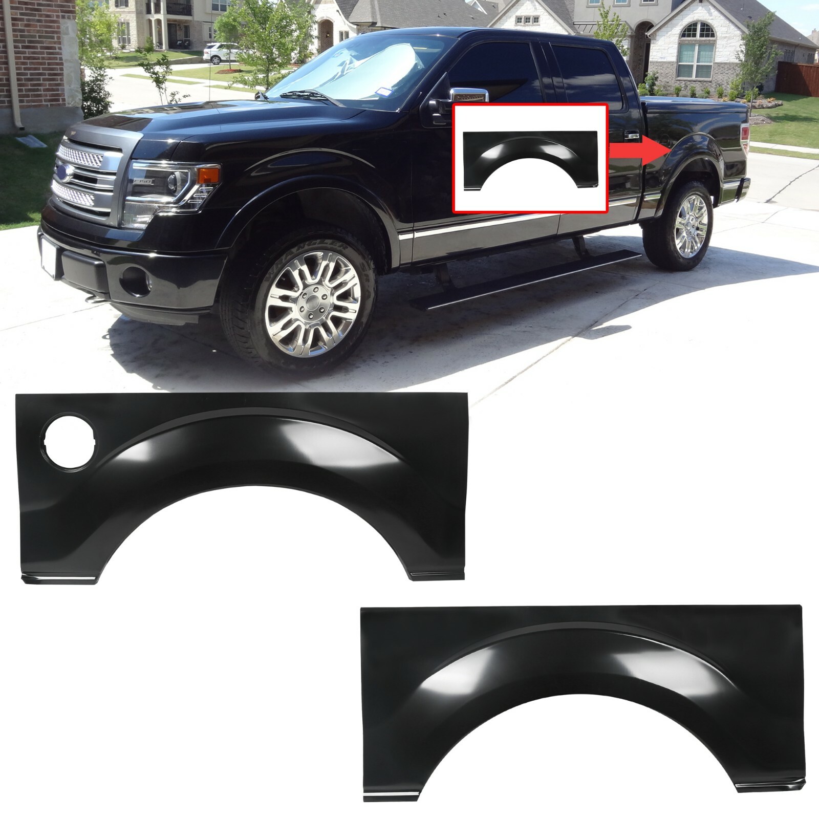 Pair of  Black Rear Wheel Arch Steel Quarter Panels For 09-14 Ford F150 F-150