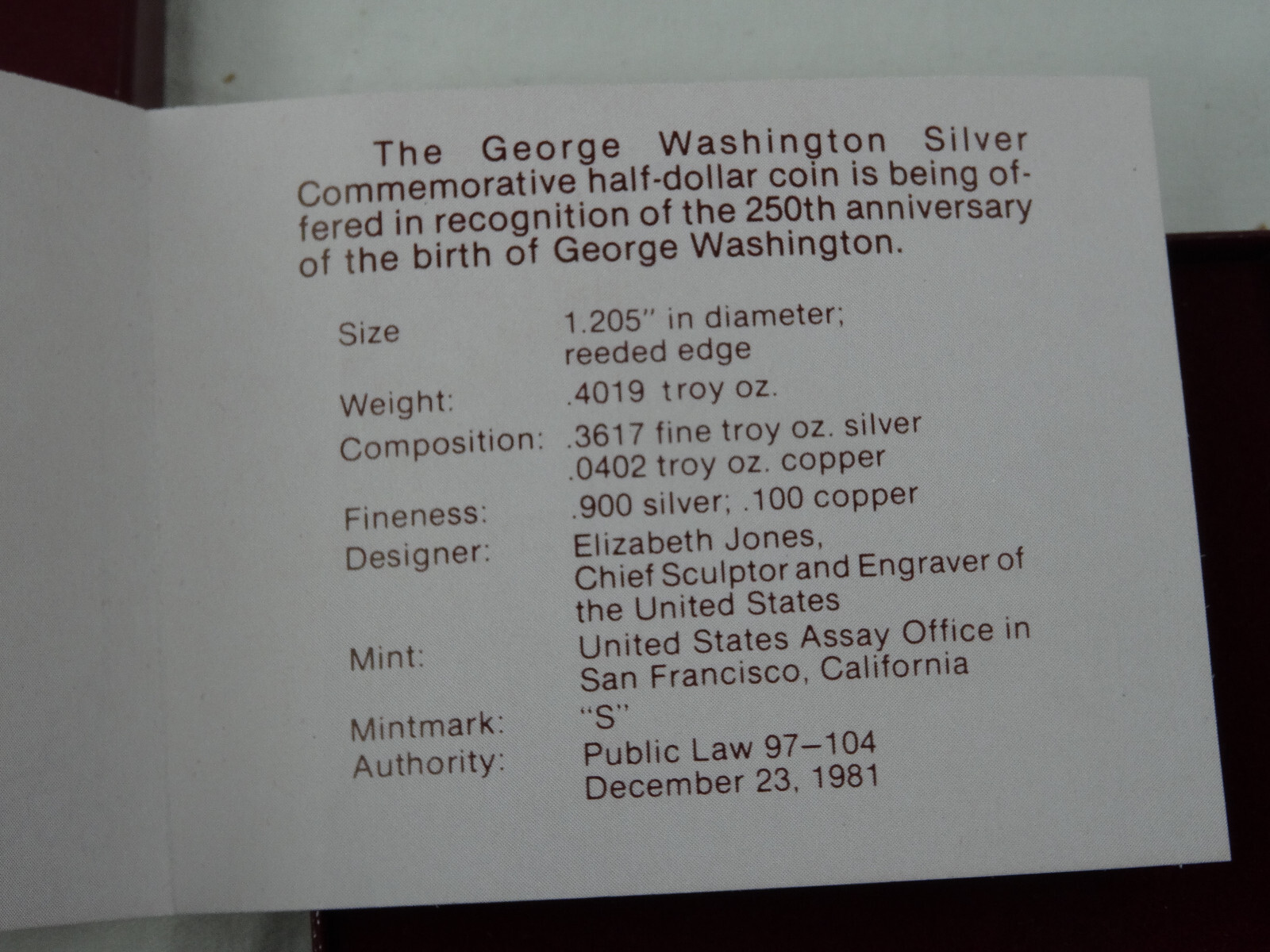 1982-S George Washington Commemorative Half Dollar Proof 50C 90% SIlver US Coin