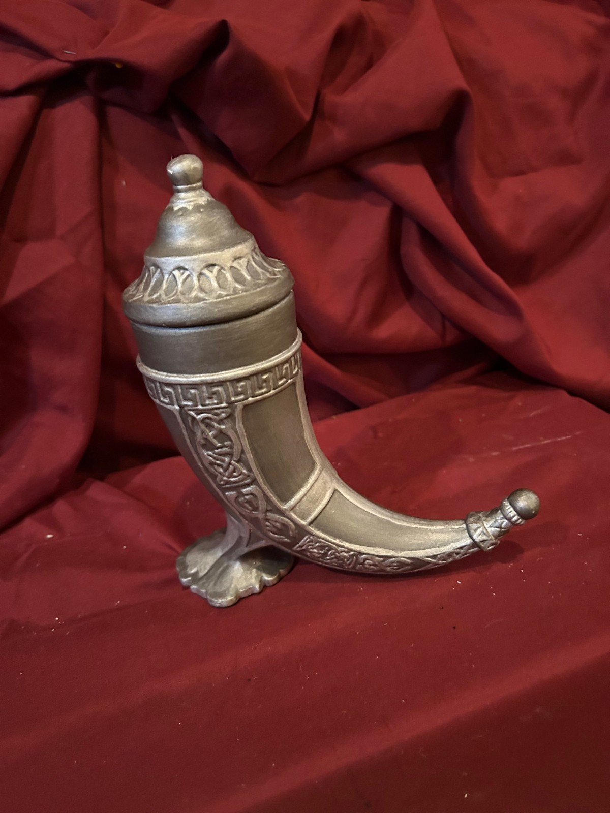 Norwegian Viking drinking horn with lid made of pewter 8in height