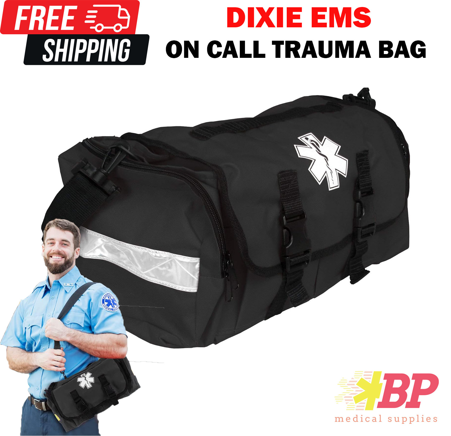 First Responder ON CALL Trauma Bag W/ Reflectors EMT Paramedic 17"x7x10"- BLACK
