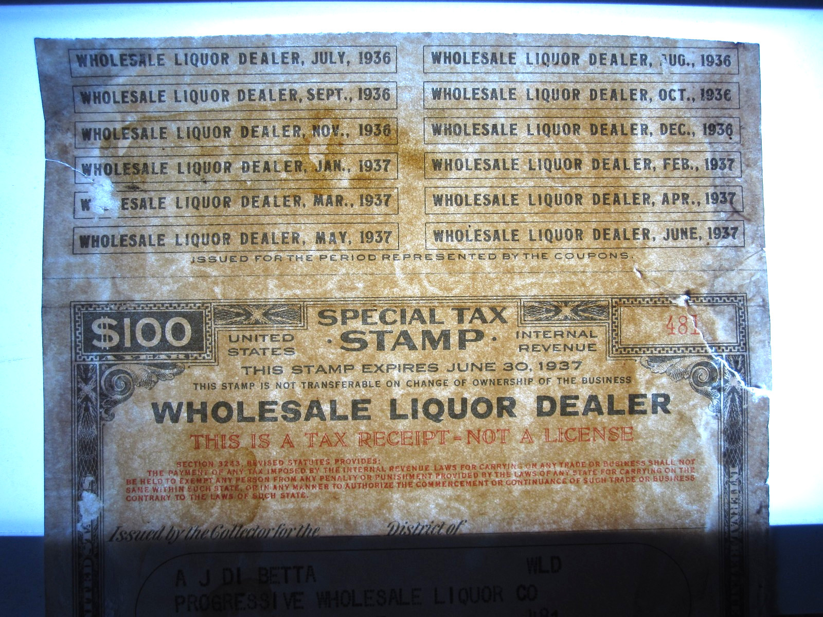 vTg 1937 $100 Wholesale Liquor Dealer Special Tax Stamp CALIF w/ Revenue coupons