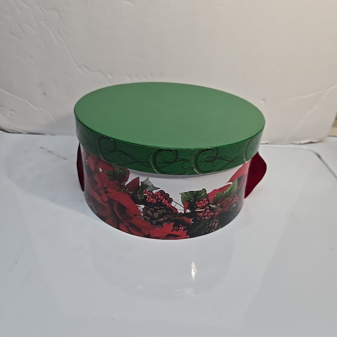 3 Christmas Nesting Gift Boxes Round Pointsettia Stackable Boxes Red Ribbon Tie