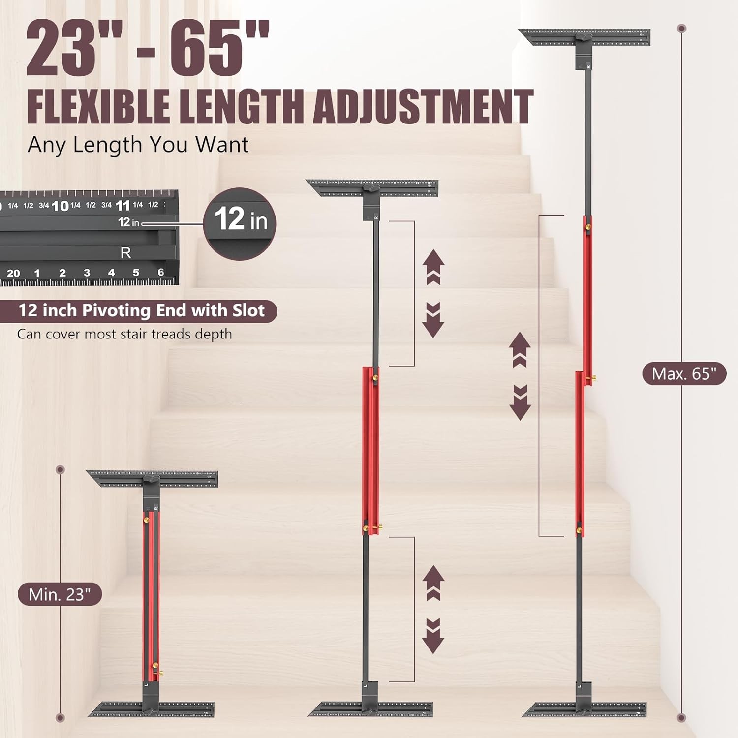 Stair Tread Template Tool Aluminum Alloy Stair Measuring Tool 23"-65" Length