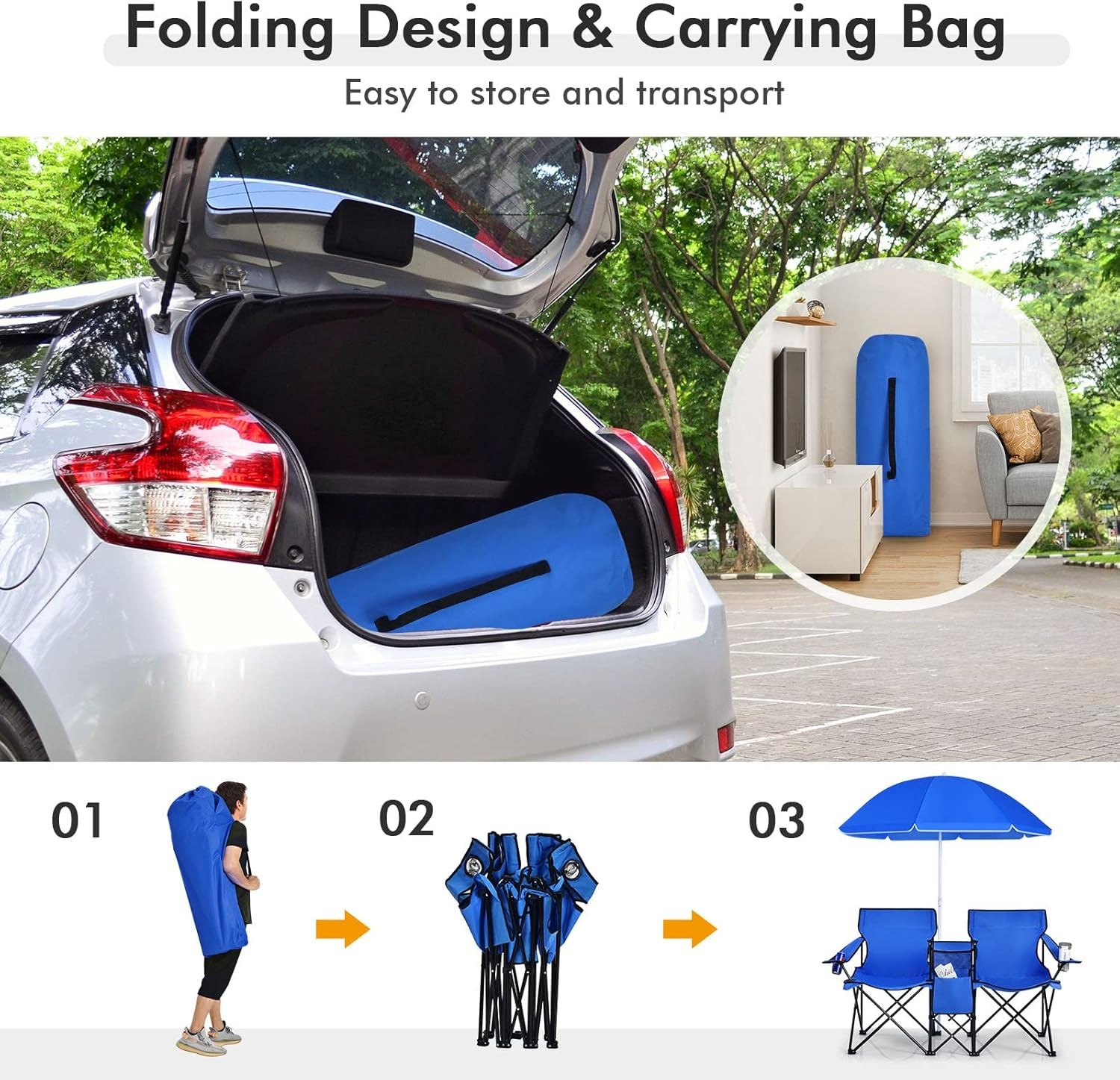 Folding Camping Outdoor Picnic Double Chair with Umbrella Table Cooler Beach New
