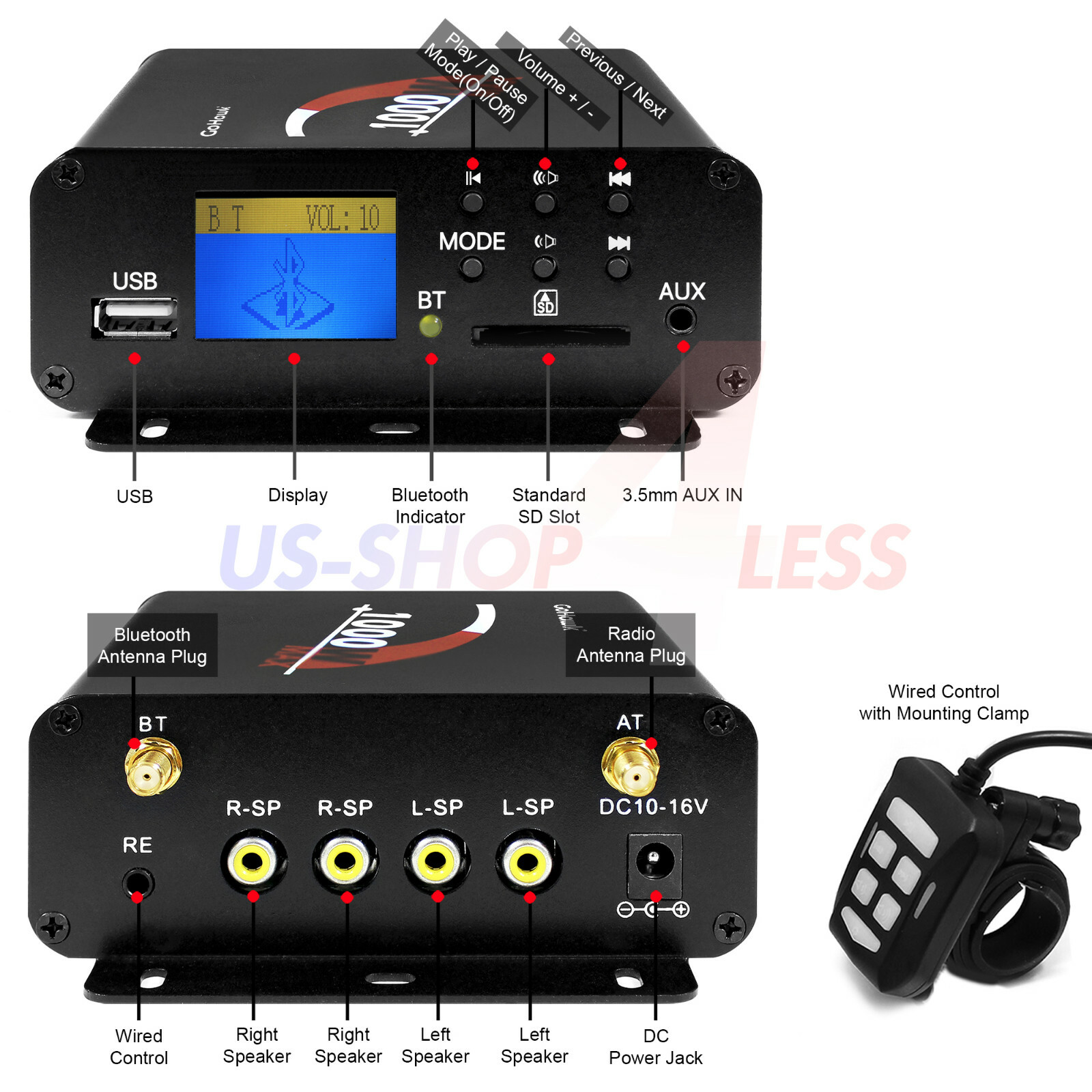 1000W Bluetooth Motorcycle Stereo 4 Speaker Audio MP3 System AUX USB SD FM Radio