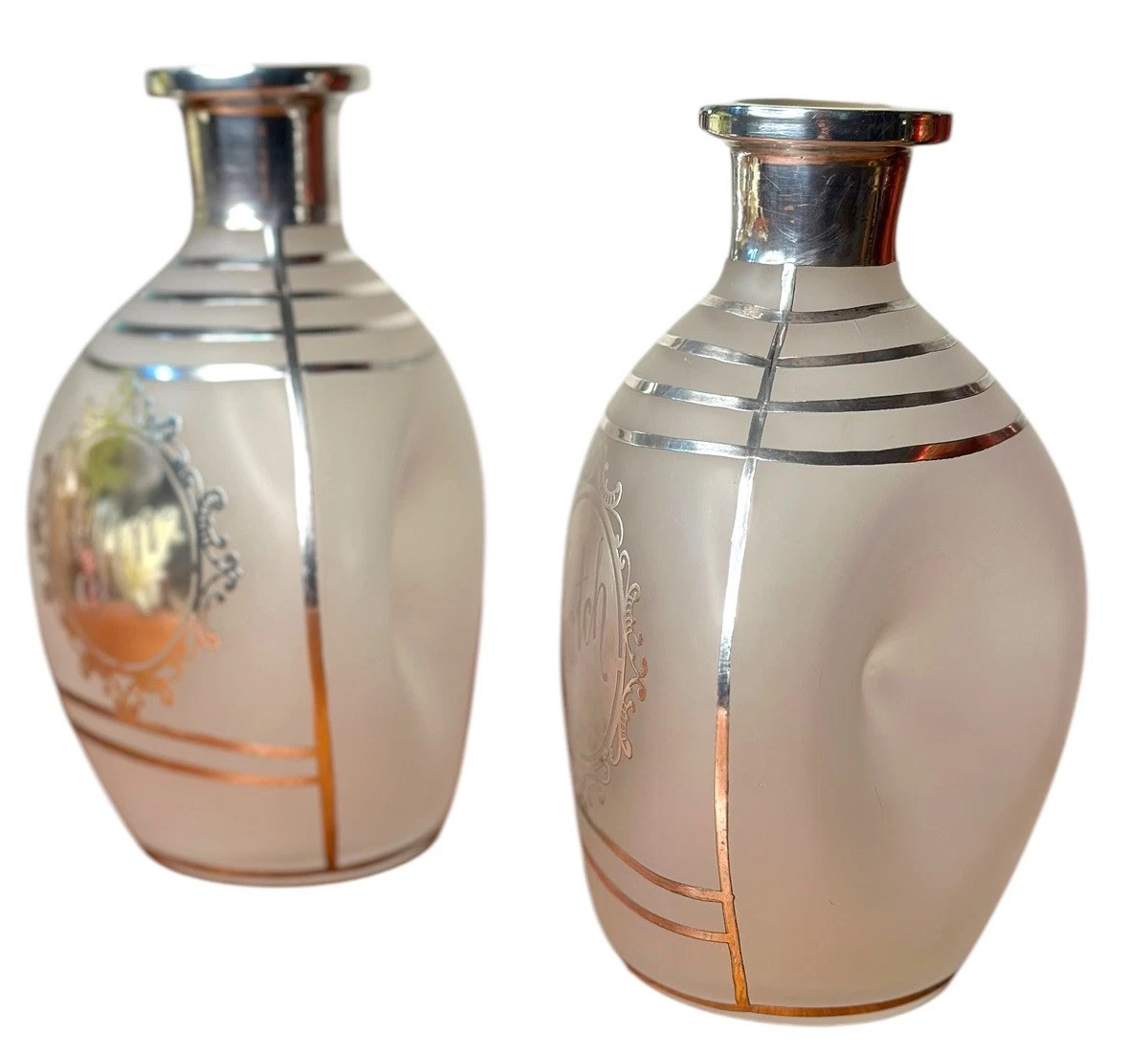 Art Deco Decanters Sterling Silver Overlay Gin Scotch Pair Pinch Bottle Barware