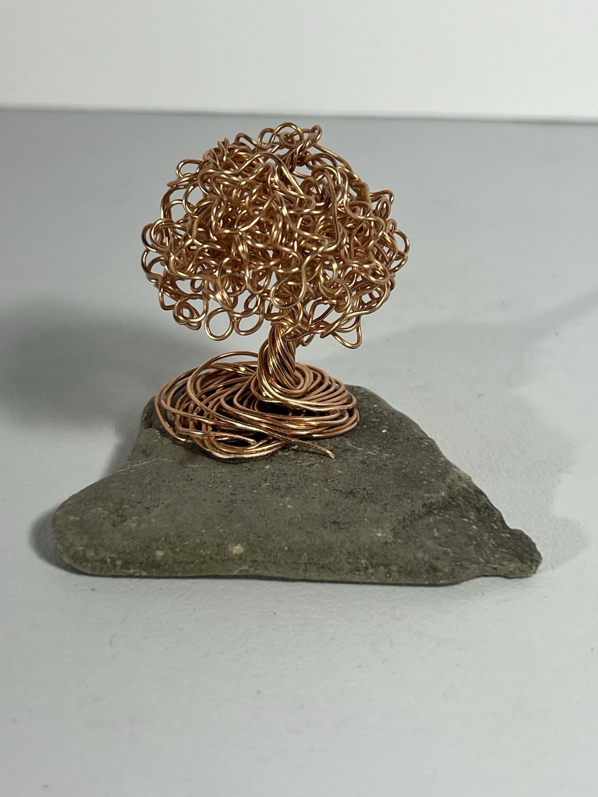 Handmade 2.25” Copper Wire Bonsai Tree Sculpture On Stone Base Decor Mini (D)