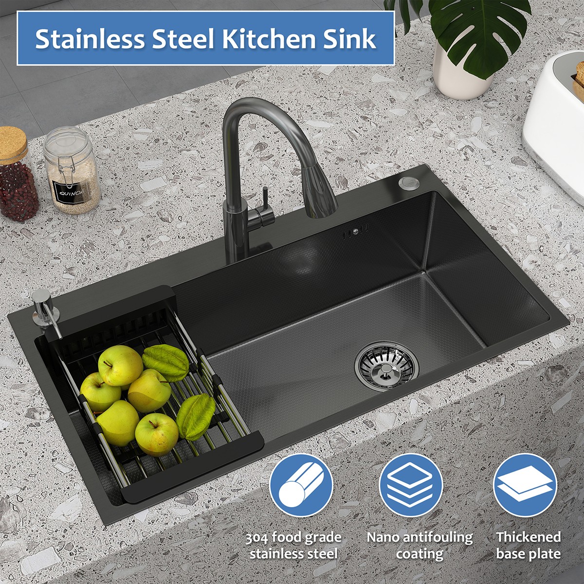 Black Drop In Kitchen Sink Workstation 28/30/32 Inch Single Bowl Stainless Steel