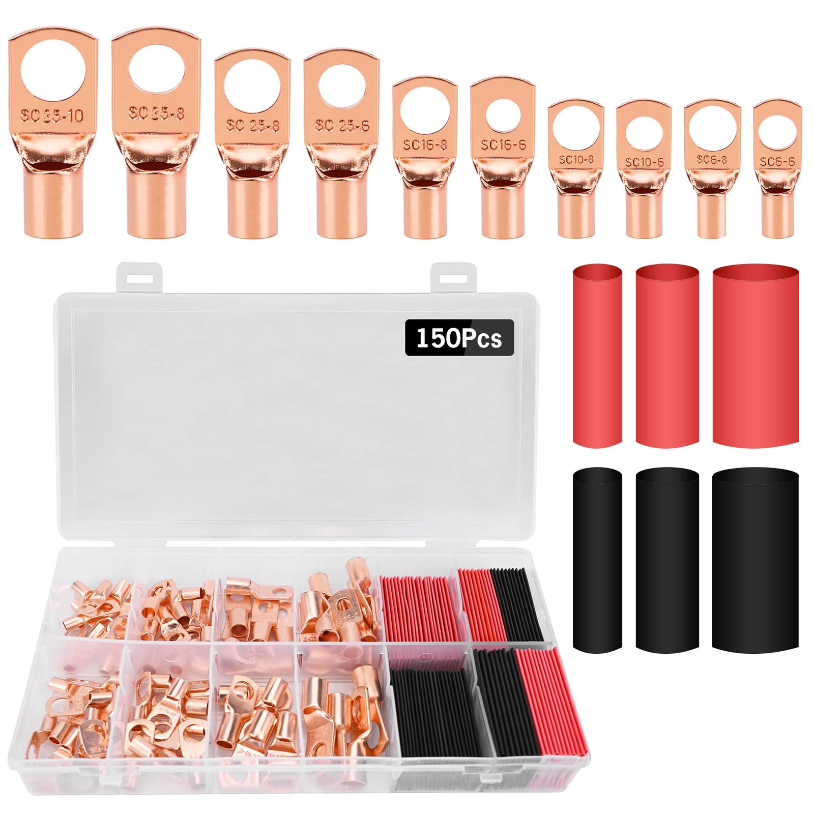 Copper Battery Cable Ends Wire Lugs Assortment Kit AWG 2 4 6 8 10 Gauge 150pcs