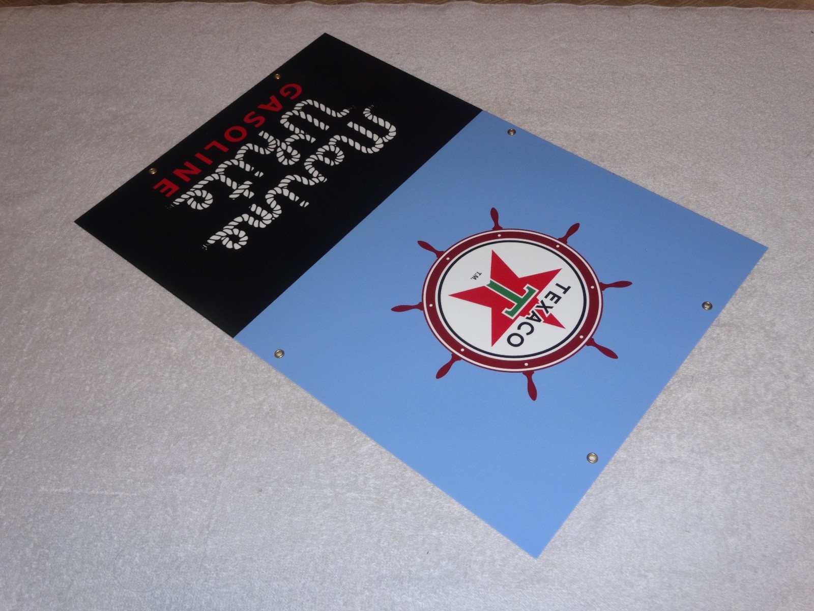 VINTAGE TEXACO MARINE WHITE GASOLINE 18" PORCELAIN METAL GAS OIL PUMP PLATE SIGN