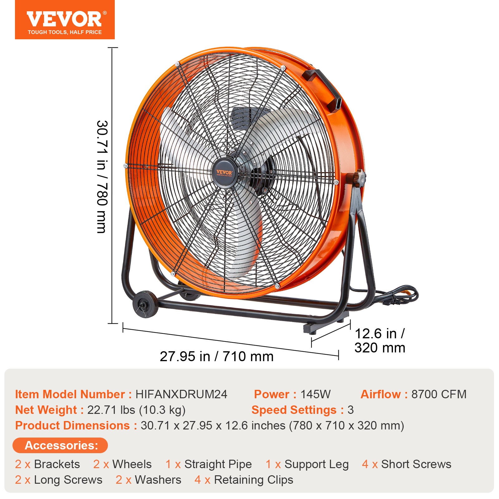 VEVOR Drum Fan 24inch High Velocity Industrial Use 3-Speed 8600CFM for Warehouse