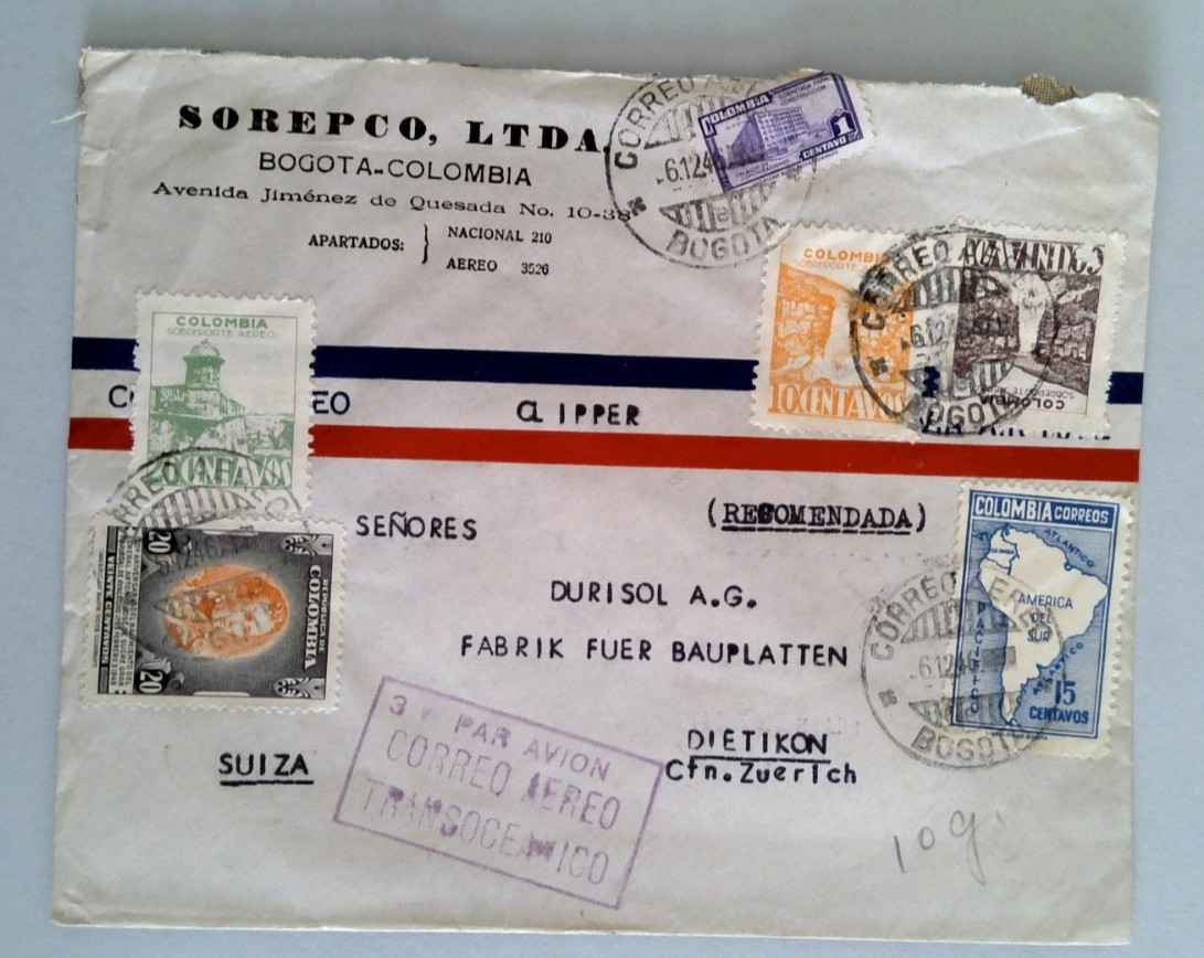 1948 COLOMBIA Registered Airmail Cover BOGOTA to Switzerland - TRANSOCEANICO