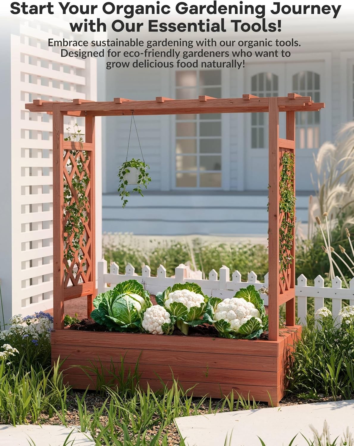Wood Raised Garden Bed with Trellis and Roof Planter Box for Patio Yard Garden