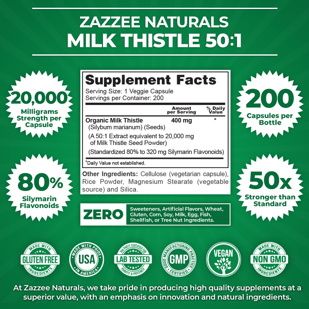 Zazzee Organic Milk Thistle Extract 20,000 mg Strength, 200 Vegan Capsules