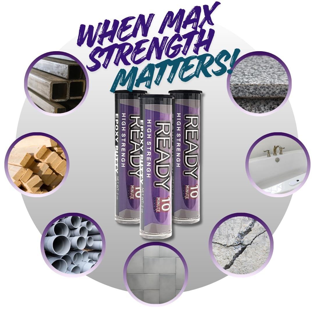 Ready High Strength Premium Epoxy Putty, 10 Minute Quick Set, Gray when mixed