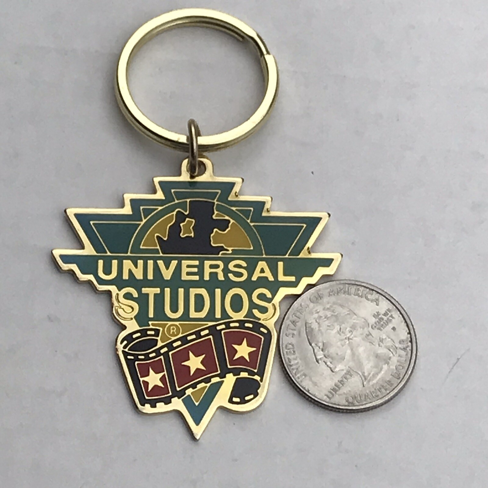 Universal Studios Gold Tone Keychain Key Fob Ring Souvenir Globe Logo Hollywood