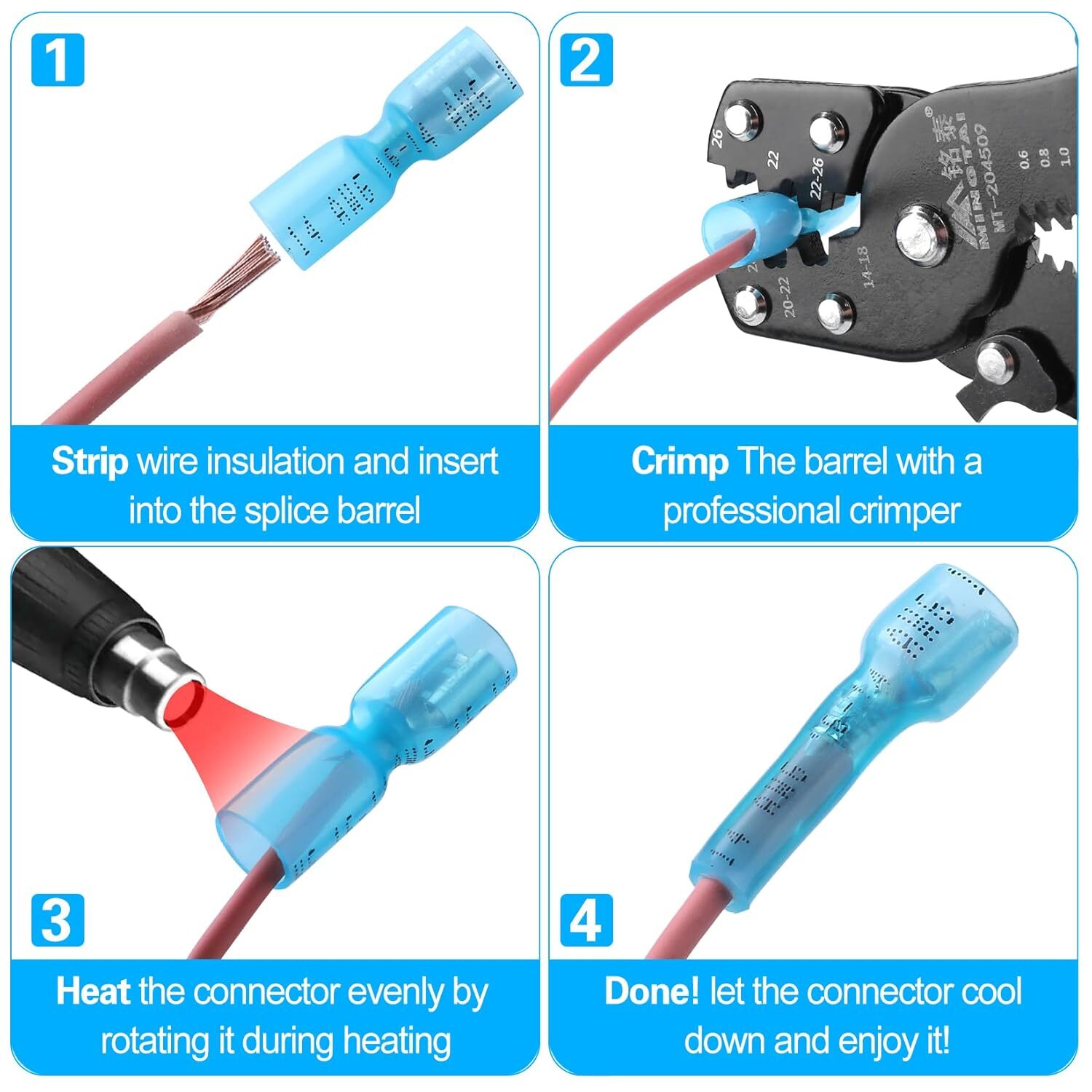 100-500X Female Heat Shrink Spade Wire Connectors 16-14 AWG Crimp Terminals Blue