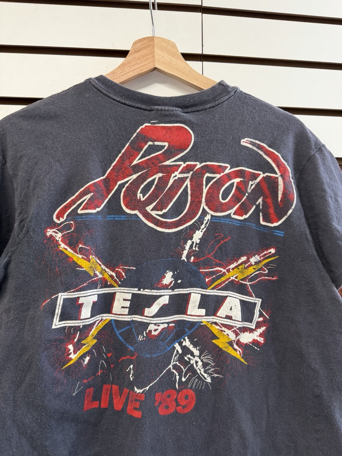 Vintage 1989 Poison Tesla Band Concert Tour Promo Parking Lot T-Shirt Black Sz M