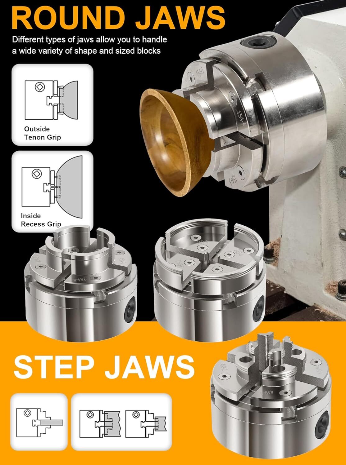 4 Inch Wood Lathe Chuck Set 1" x 8 tpi Thread Self Centering 4 Jaw Wood Turning