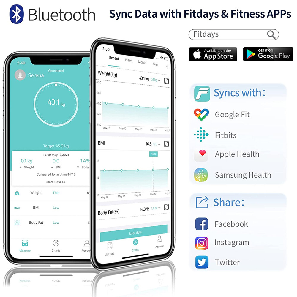 Body Scale Bathroom Scale for Heart Rate BMI Weight Fat free App, Refurbished
