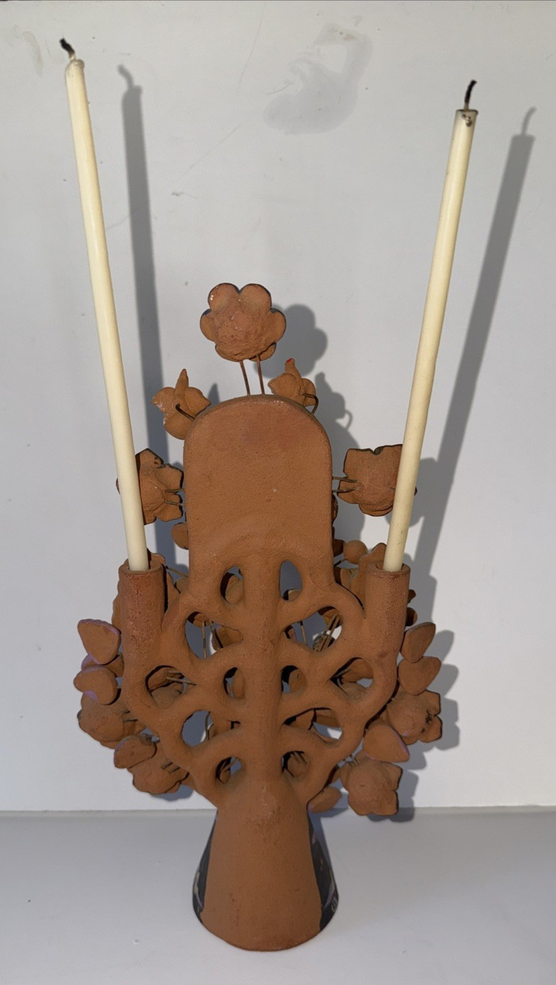 Mexican Clay TREE of LIFE Handmade Multi Color Folk Art Candelabra 12.5" Tall