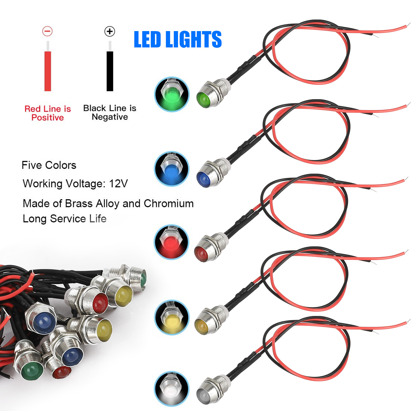 10PCS Car Boat LED Indicator Light 12V 8mm Pilot Dash Panel Warning Single Lamps
