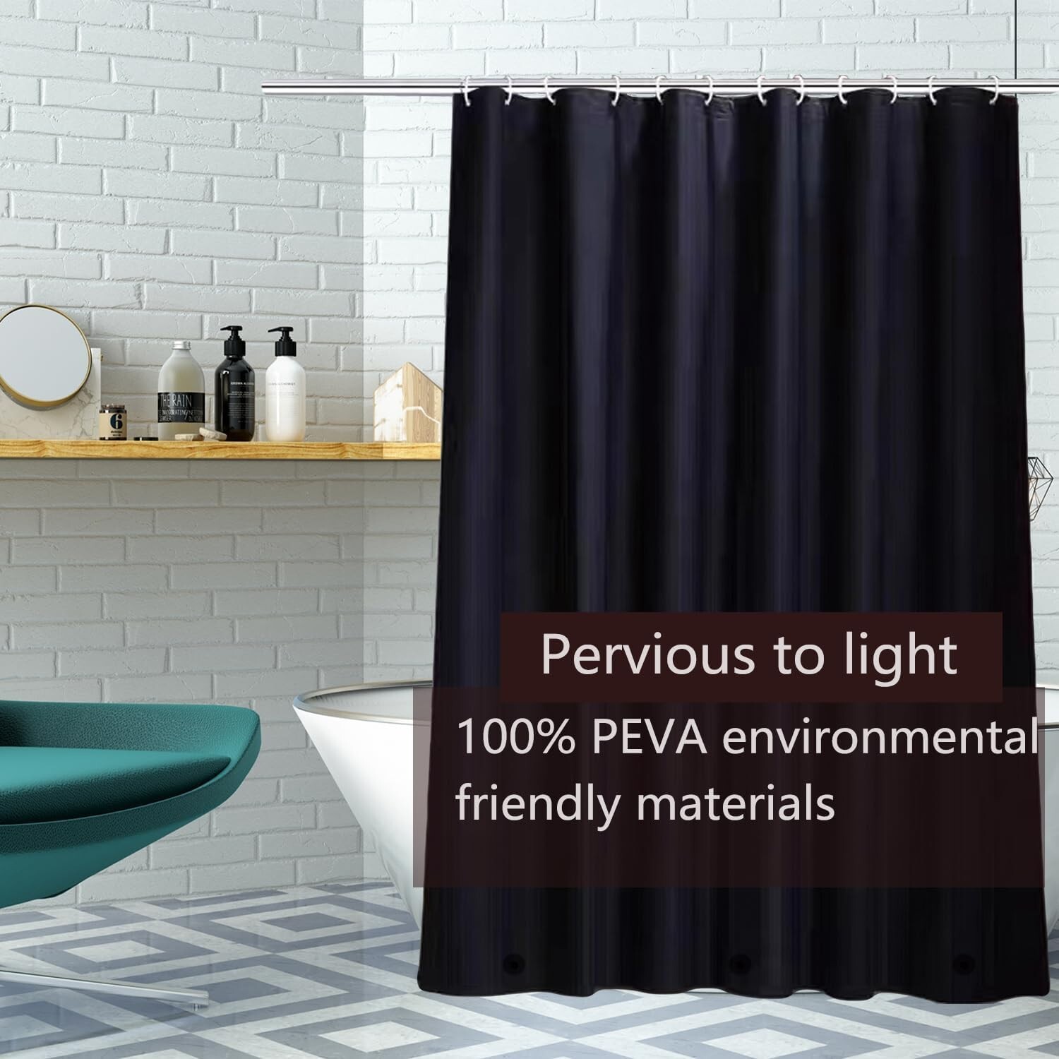 Waterproof Fabric Shower Curtain with 3 Magnets 72x72 inch Black Shower Curtain