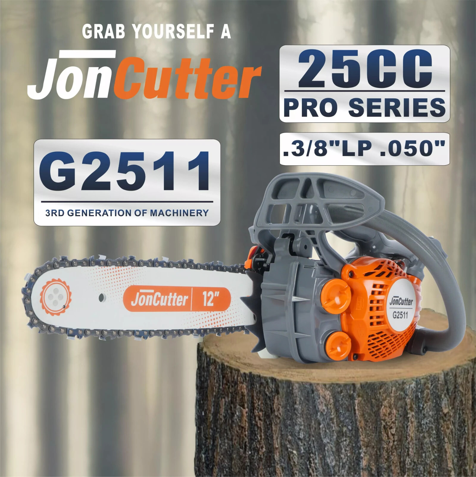 US 25cc JonCutter Gasoline Chainsaw Power Head With 12in Saw Chain and Guide Bar