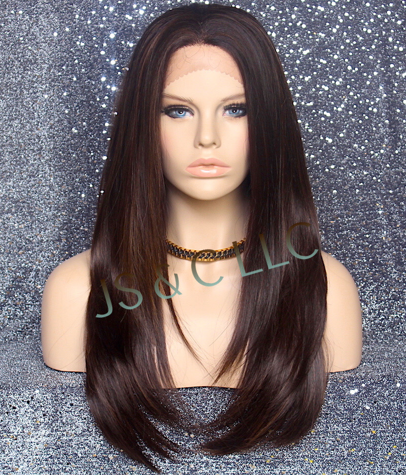 Long Straight Human Hair Blend Mono Top Full Lace Front Wig Brown mix 4-27 WBDL